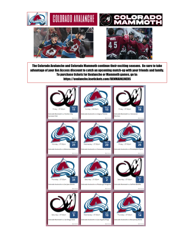 Avalanche and Mammoth March and April 2022 games