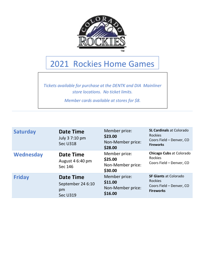 Colorado Rockies 2021 Home games